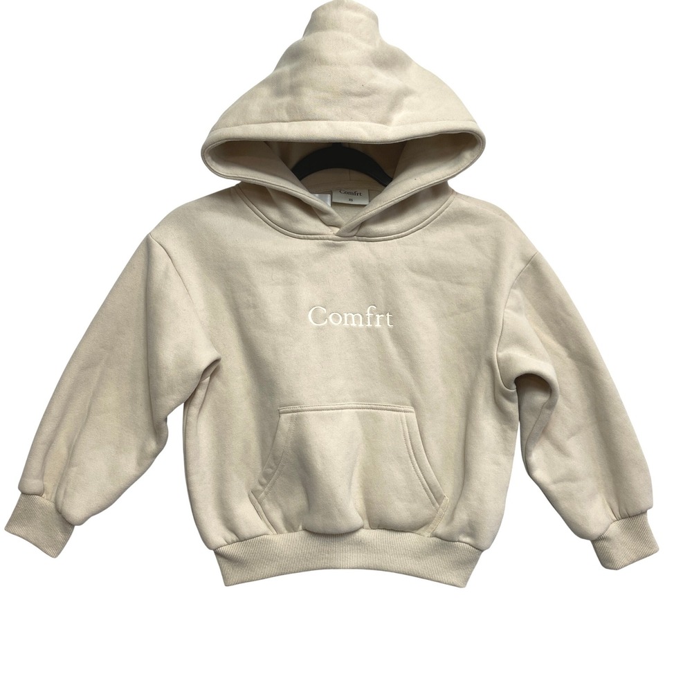 Comfrt Hoodie Kids XS Beige Embroidered Logo Fleece Pullover Sweatshirt
